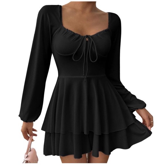 Zpanxa Long Sleeve Dress for Women, Square Neck Ruched Layered Mini Style
