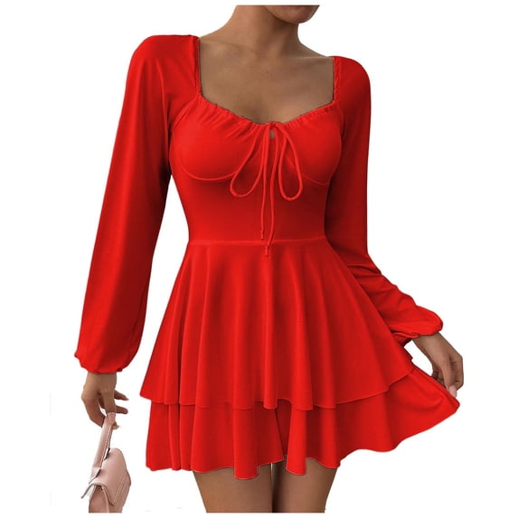 Zpanxa Long Sleeve Dress for Women, Square Neck Ruched Layered Mini Style