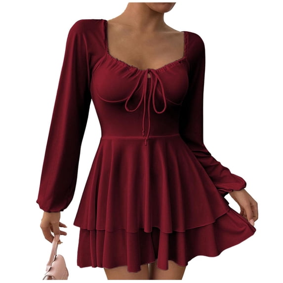 Zpanxa Long Sleeve Dress for Women, Square Neck Ruched Layered Mini Style