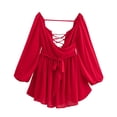 thumbnail image 1 of Zpanxa Dresses for Women, Lantern Sleeve V Neck Tie Waist Flowy Mini with Crisscross Lace Up Detail, 1 of 8