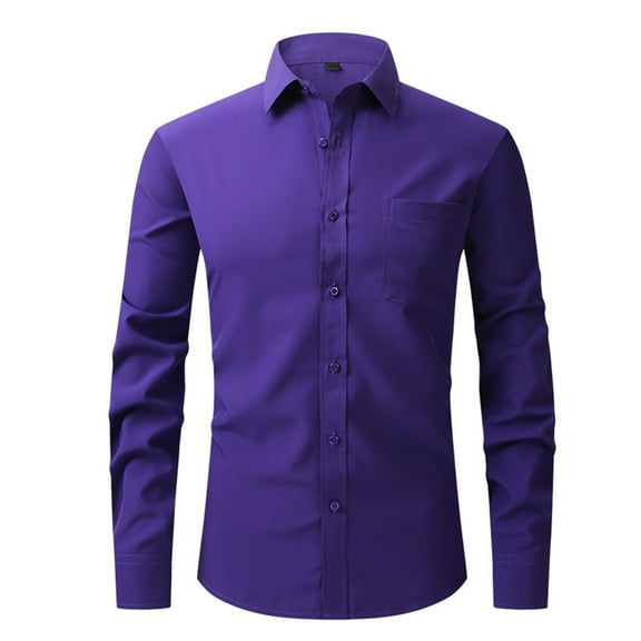 Zpanxa Long Sleeve Shirts for Men Business Casual Dress Shirt with Pockets Fashion Solid Color Button Down Shirt Turn-Down Collar Long Sleeve Blouses Purple S