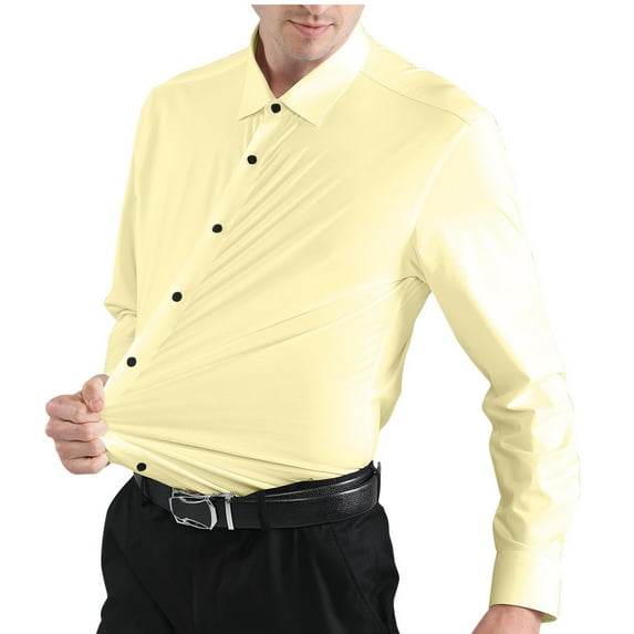 Zpanxa Long Sleeve Shirts for Men Business Casual Dress Shirt Fashion Solid Turndown Collar Buttons Down Stretch Shirts Slim Fit Tops Yellow L