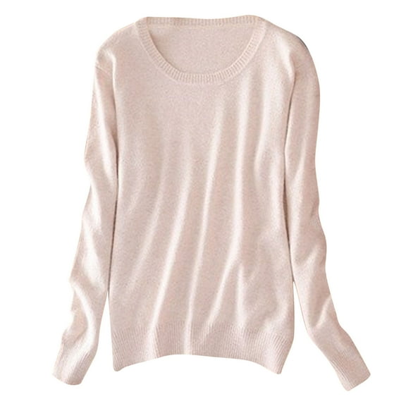 Zpanxa Long Sleeve Shirts for Women Round Neck Solid Color Fashion Tops Loose Casual Basic Tee Fall Winter Tops Clothes Beige A XXL