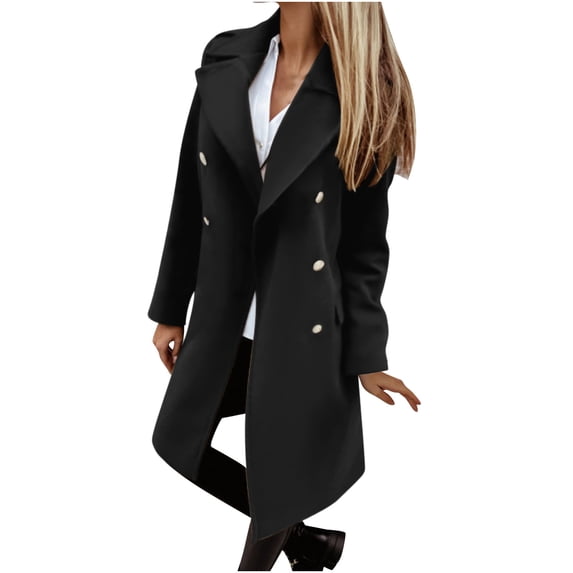 Zpanxa Long Winter Coats for Women Double Breasted Notched Lapel Wool Blend Hoodless Split Hem Coat with Faux Pockets Black XXL