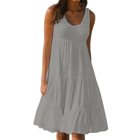 Zpanxa Loose Fit Casual Beach Dress for Women Solid Color Round Neck Sleeveless Smocked Flowy