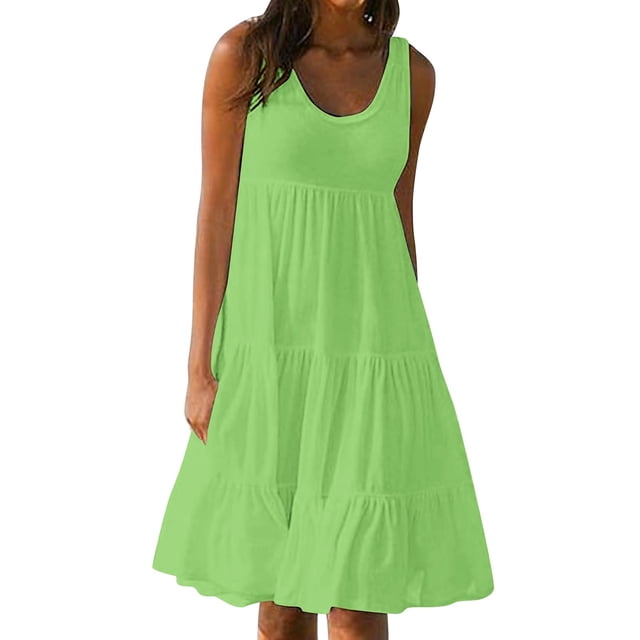 Zpanxa Loose Fit Casual Beach Dress for Women Solid Color Round Neck Sleeveless Smocked Flowy
