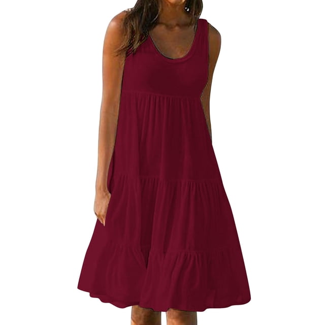 Zpanxa Loose Fit Casual Beach Dress for Women Solid Color Round Neck Sleeveless Smocked Flowy