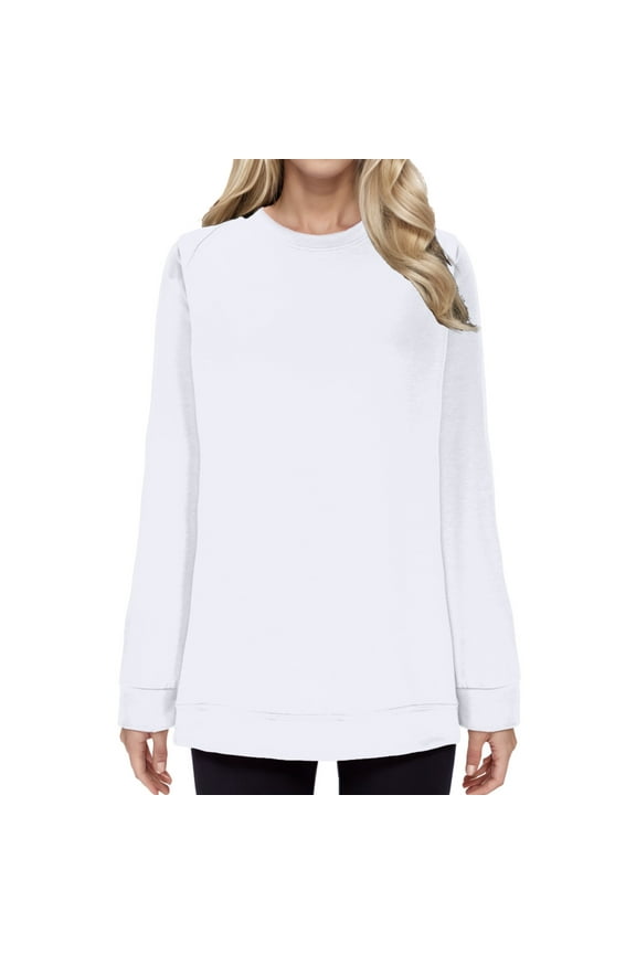 Loose Fit Women's Long Sleeve Sweatshirt Casual Round Neck Solid Color Pullover Top Cozy Fleece Lounge Wear No Hood Soft Crewneck Shirt White XL