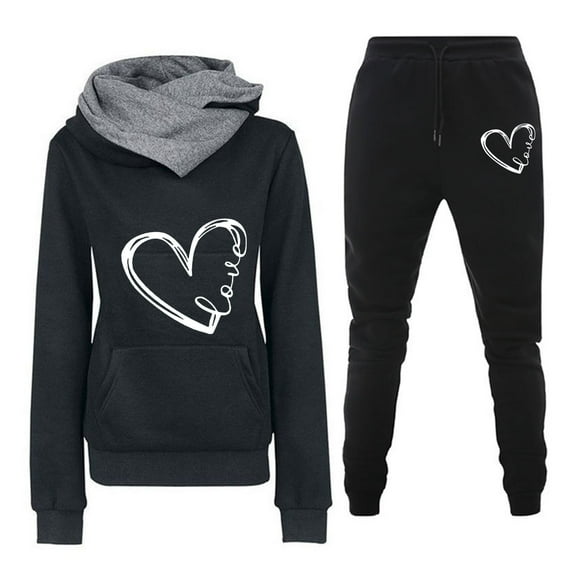Zpanxa Lounge Sets for Women 2 Piece Outfits Casual Sweatshirt Set Fashion Heart Print Long Sleeve Hoodies and Sweatpants Black L