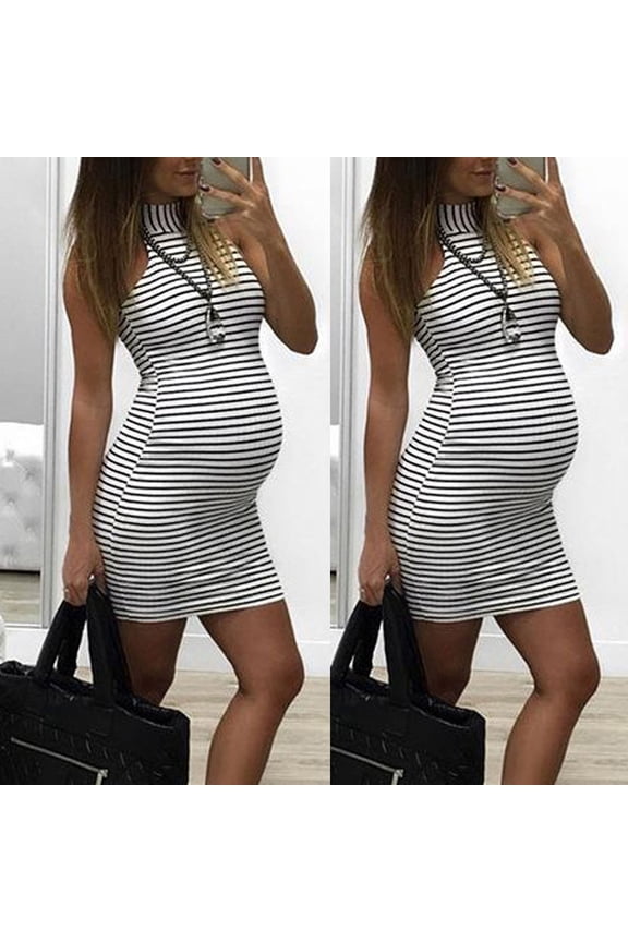 Maternity Maxi Dress Pregnants Round Neck Sleeveless Nursing Maternity Summer Stripe Vest Dress White XL