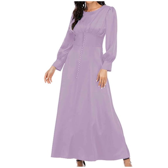 Zpanxa Maxi Dresses for Women, Crew Neck Long Sleeve Button Front High Waist A Line Flowy for Vacation Wear