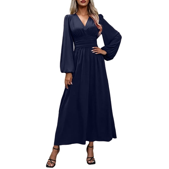 Zpanxa Maxi Dresses for Women, V Neck High Waist Lantern Sleeve Flowy A Line Winter Style