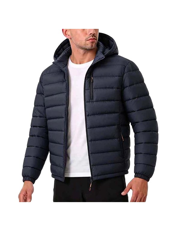 Men Hooded Puffer Jacket Winter Warm Cotton Coats for Men Outdoor Sports Heavyweight Full Zip Insulated Fleece Lined Parka with Pockets