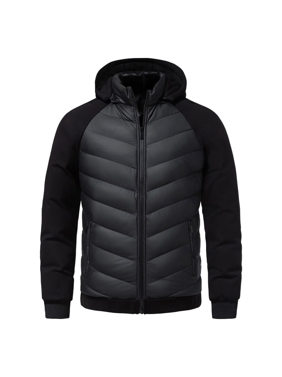 Men Hooded Winter Jacket Padded Warm Coat with Pockets Business Casual Lightweight Quilted Outerwear for Cold Weather