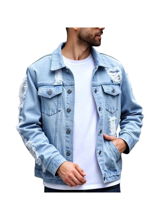 Men Loose Fit Denim Jacket Ripped Button Up with Pockets Solid Color Casual Classic Outerwear