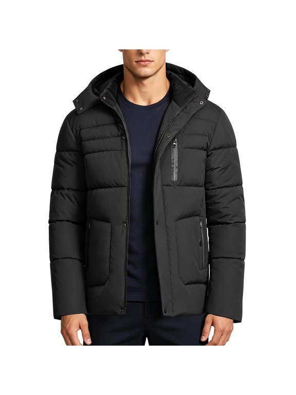 Men Quilted Winter Coat Detachable Hood Zip Snap Button Front Multiple Zip Pockets Loose Fit Warm Puffer Jacket Lightweight Insulated Outerwear for Cold Weather Casual Outdoor Wear
