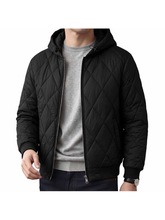 Men Winter Padded Coat with Hood Zip Up Windproof Casual Warm Quilted Jacket for Daily Wear