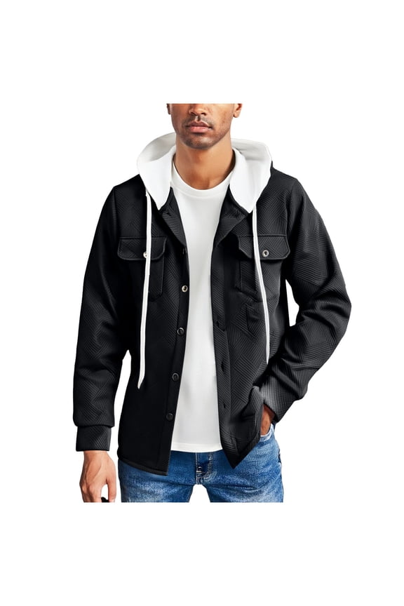 Men's All-Season Utility Jacket with Adjustable Drawstring Hood Button Front Closure and Multiple Pockets for Urban Outdoor Wear in Solid Color Black 3XL