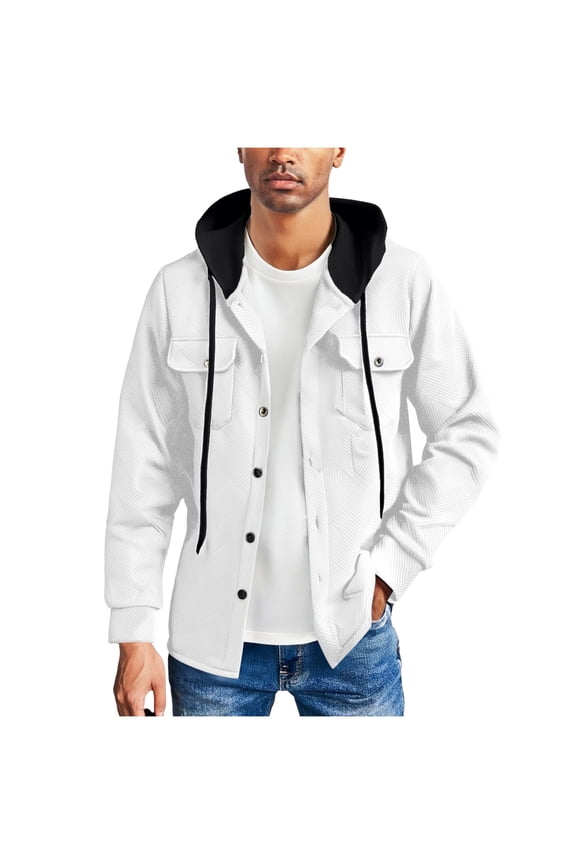 Men's All-Season Utility Jacket with Adjustable Drawstring Hood Button Front Closure and Multiple Pockets for Urban Outdoor Wear in Solid Color White S