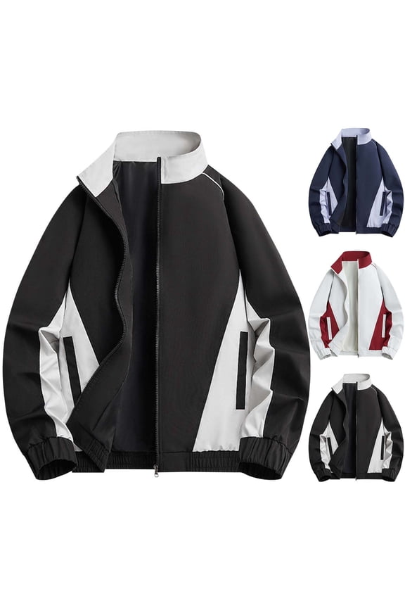 Men's Baseball Style Quilted Jacket Windproof Stand Collar Solid Color Lightweight Packable Long Sleeve Outdoor Training Sportswear