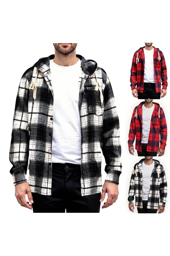 Men's Check Print Hooded Jacket Fashion Casual Button Front with Patch Pockets Long Sleeve Streetwear Coat for Urban Style