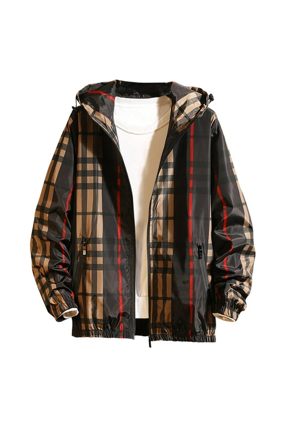 Men's Checkered Hooded Jacket Long Sleeve, Casual Sports Style Coat for Urban Outdoor Activities Black M