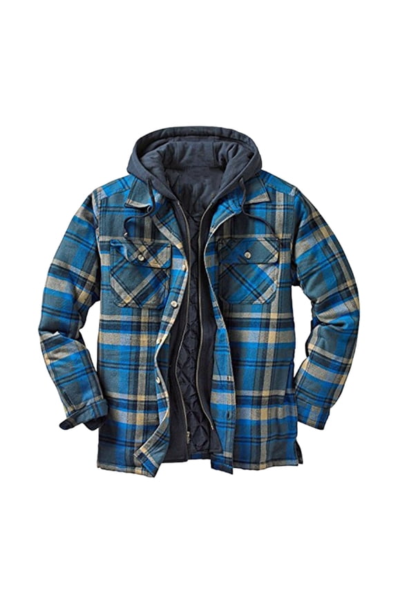 Men's Checkered Print Fleece Jacket with Button Pockets, Long Sleeve Faux Two-Piece Hooded Coat for Urban Street Style Blue L