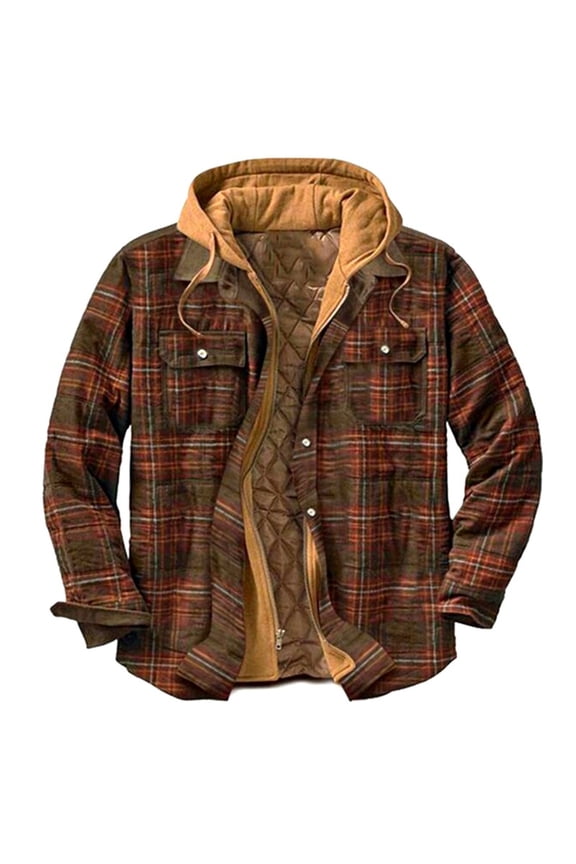 Men's Checkered Print Fleece Jacket with Button Pockets, Long Sleeve Faux Two-Piece Hooded Coat for Urban Street Style Brown XXL