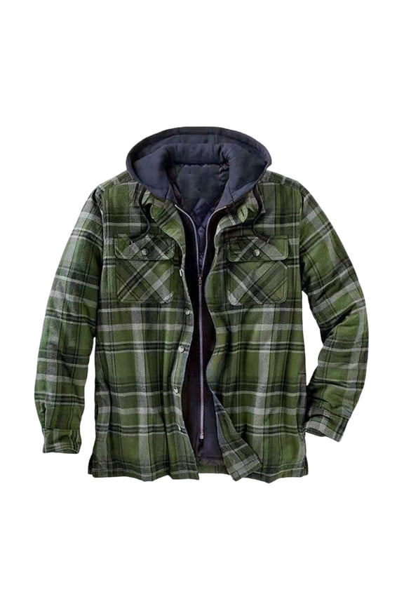 Men's Checkered Print Fleece Jacket with Button Pockets, Long Sleeve Faux Two-Piece Hooded Coat for Urban Street Style Green XL