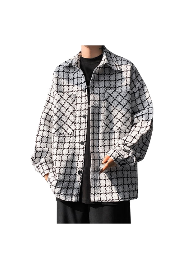 Men's Checkered Print Hooded Jacket Long Sleeve with Button Pockets, Casual Flannel Shacket for Urban Outdoor White M