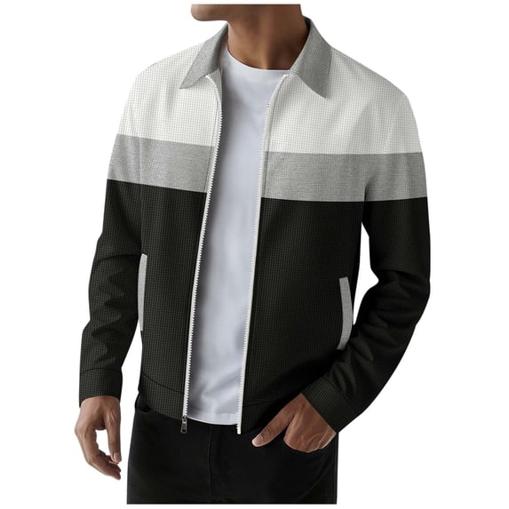 Zpanxa Men's Color Block Cardigan Jacket Lapel Collar Zipper Front Long Sleeve Lightweight Urban Top for Modern Street Style and Casual Wear Gray XXL