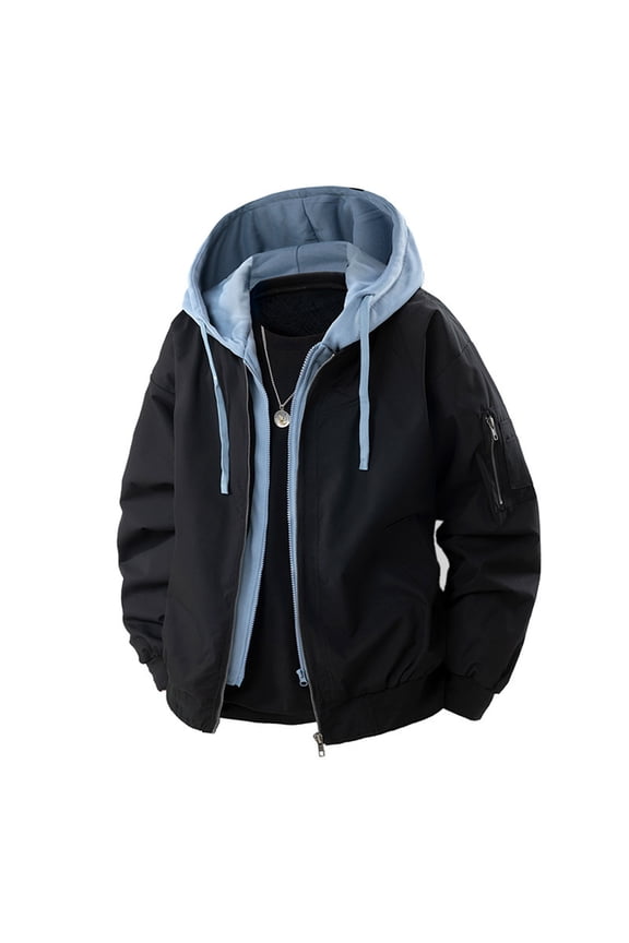 Men's Color Block Hooded Jacket Faux Two-Piece Design Lightweight Long Sleeve Streetwear Style for Urban Layered Fashion and Casual Wear Black L