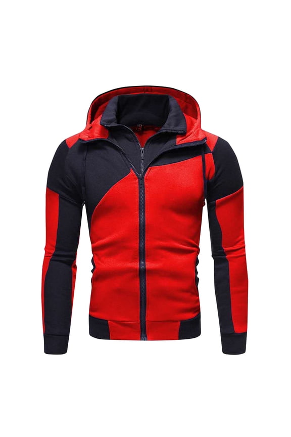 Men's Color Block Hooded Jacket Long Sleeve with Zipper Pocket, Casual Urban Coat for Street Style Fashion Red XXL