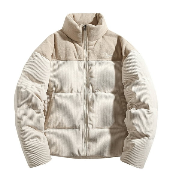 Zpanxa Men's Corduroy Splicing Jacket Heavy-Duty Windproof Long Sleeve Coat with Zippered Pockets for Urban and Outdoor All-Weather Wear Beige L