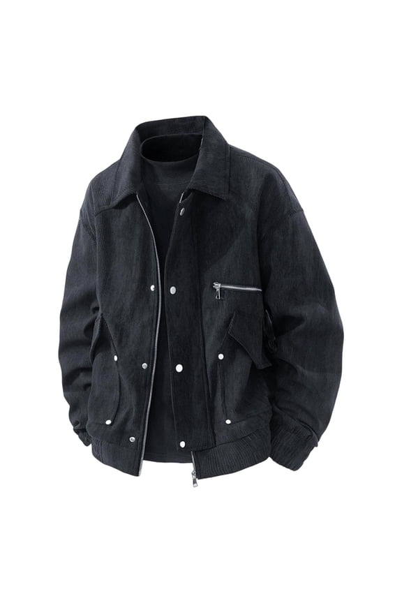 Men's Corduroy Work Jacket Lapel Collar Zipper Front Cardigan Style Long Sleeve Utility Coat with Pockets for Durable Casual and Functional Wear Black 3XL