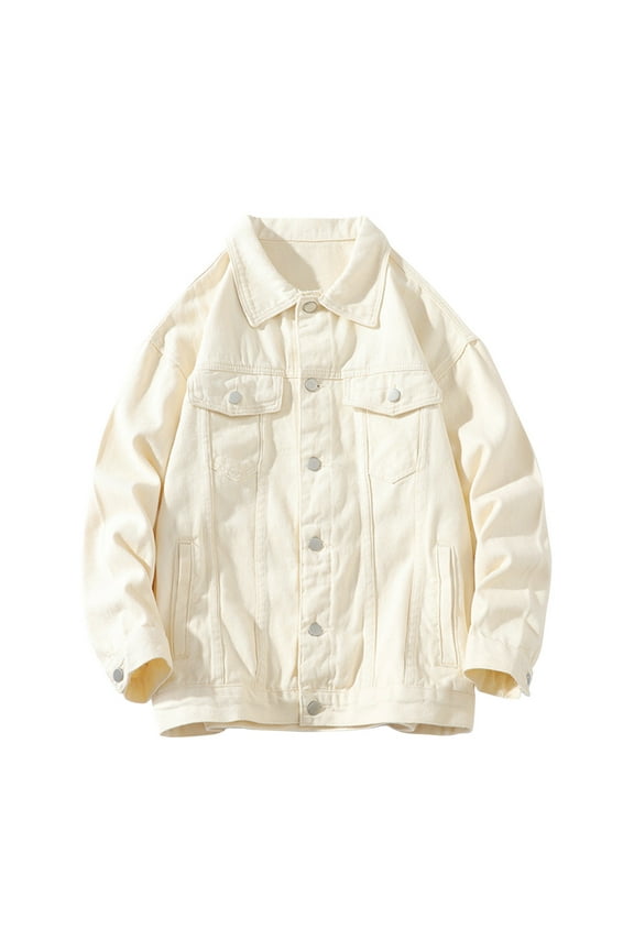 Men's Denim Motorcycle Jacket Solid Color with Button Pockets, Long Sleeve Biker Coat for Casual Riding Style White L