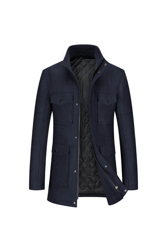 Men's Double Collar Wool Blend Coat Solid Color with Zipper Pockets, Long Sleeve Formal Jacket for Winter Business Casual Navy M