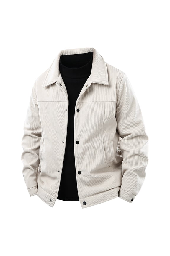 Men's Fleece Lined Winter Jacket Thick Thermal Lapel Collar Long Sleeve Coat with Button Front and Pockets for Warm Casual Fashion Wear in Solid Color White 4XL