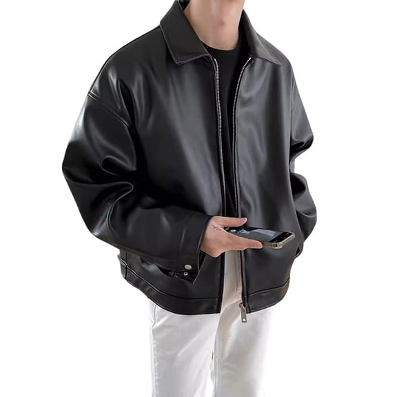 Zpanxa Men's Genuine Leather Baseball Jacket Bomber Style Moto Biker Coat with Zipper Pockets Windproof Warm for Casual Riding and Daily Wear Black L