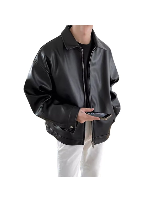 Men's Genuine Leather Baseball Jacket Bomber Style Moto Biker Coat with Zipper Pockets Windproof Warm for Casual Riding and Daily Wear Black L