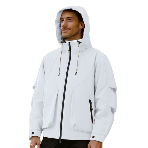 Zpanxa Men's Heavy-Duty Waterproof Workwear Raincoat Hooded Jacket with Multiple Utility Pockets for All-Weather Outdoor Construction and High-Visibility Work Commute White XL