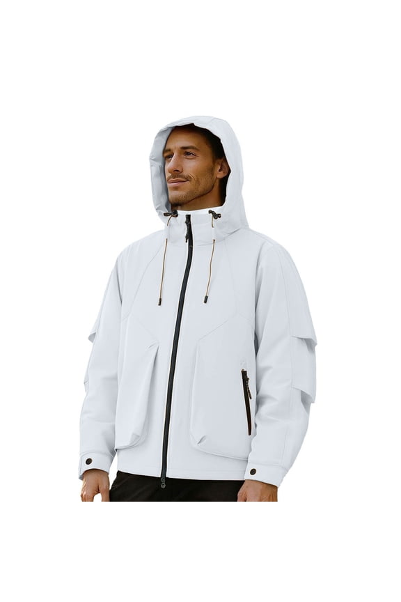 Men's Heavy-Duty Waterproof Workwear Raincoat Hooded Jacket with Multiple Utility Pockets for All-Weather Outdoor Construction and High-Visibility Work Commute White XXL