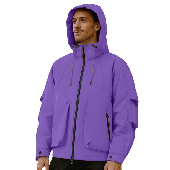 Zpanxa Men's Heavy-Duty Waterproof Workwear Raincoat Hooded Jacket with Multiple Utility Pockets for All-Weather Outdoor Construction and High-Visibility Work Commute Purple M