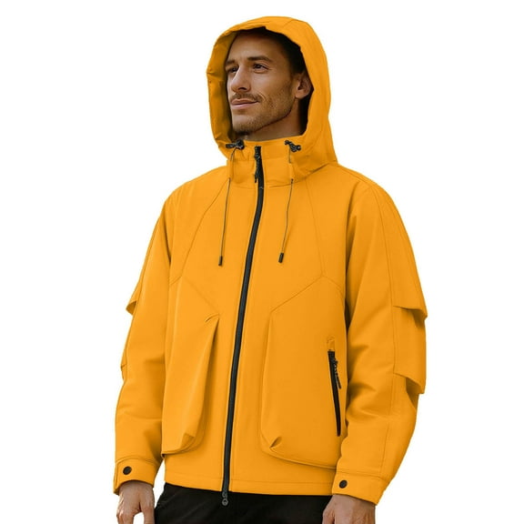Zpanxa Men's Heavy-Duty Waterproof Workwear Raincoat Hooded Jacket with Multiple Utility Pockets for All-Weather Outdoor Construction and High-Visibility Work Commute Yellow M
