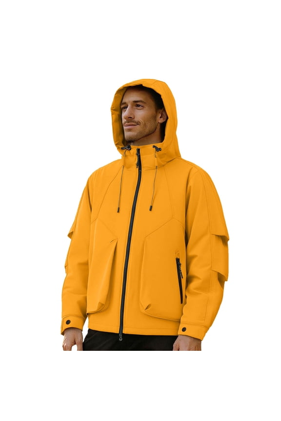 Men's Heavy-Duty Waterproof Workwear Raincoat Hooded Jacket with Multiple Utility Pockets for All-Weather Outdoor Construction and High-Visibility Work Commute Yellow M