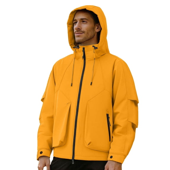 Zpanxa Men's Heavy-Duty Waterproof Workwear Raincoat Hooded Jacket with Multiple Utility Pockets for All-Weather Outdoor Construction and High-Visibility Work Commute Yellow XXL