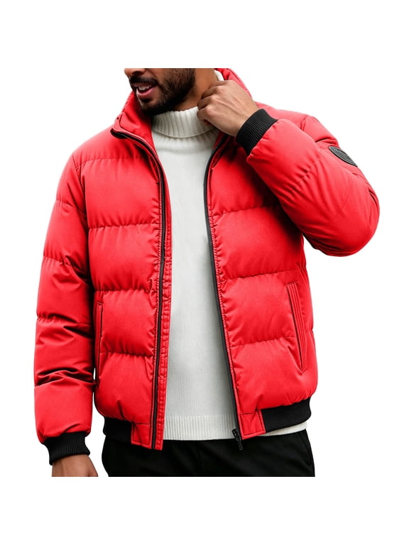 Men's Hooded Puffer Jacket Red Zip Up Winter Coat Casual Loose Fit Solid Color Warm Quilted Outerwear with Pockets