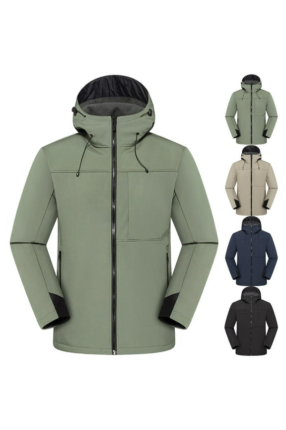 Men's Hooded Work Jacket Solid Color Outdoor Zipper Front with Multi Pockets Long Sleeve Layering Suit for Professional Wear