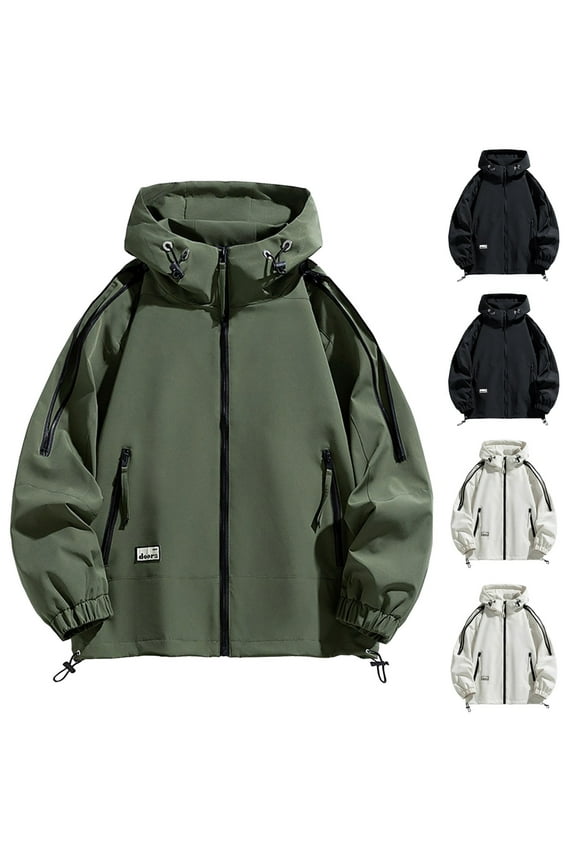 Men's Hooded Work Jacket Waterproof Windproof Reflective Trim Solid Color Long Sleeve Industrial Cold Weather Gear