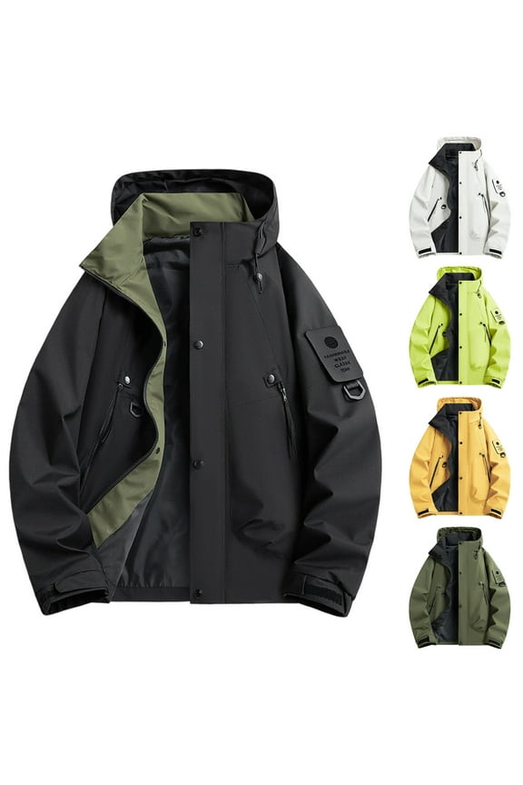 Men's Industrial Work Jacket Waterproof Windproof Hooded Heavy Duty Coat High Visibility Long Sleeve Zippered Pockets Cold Weather Gear